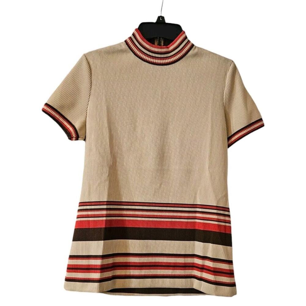 Vintage Bay Harbour Womens Tunic Top Tan Stripes Mock Neck Back Zip NO SIZE TAG